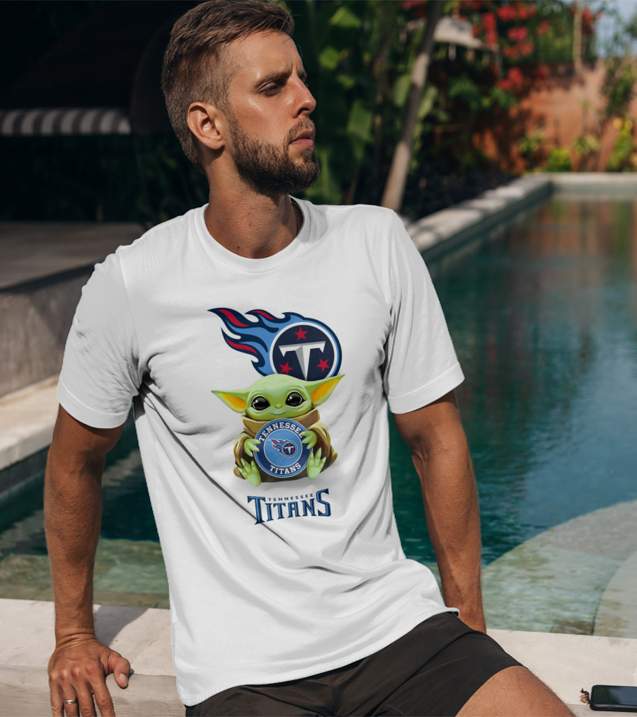Grogu Holding Tennessee Titans Logo Star Wars Crossover White T-Shirt
