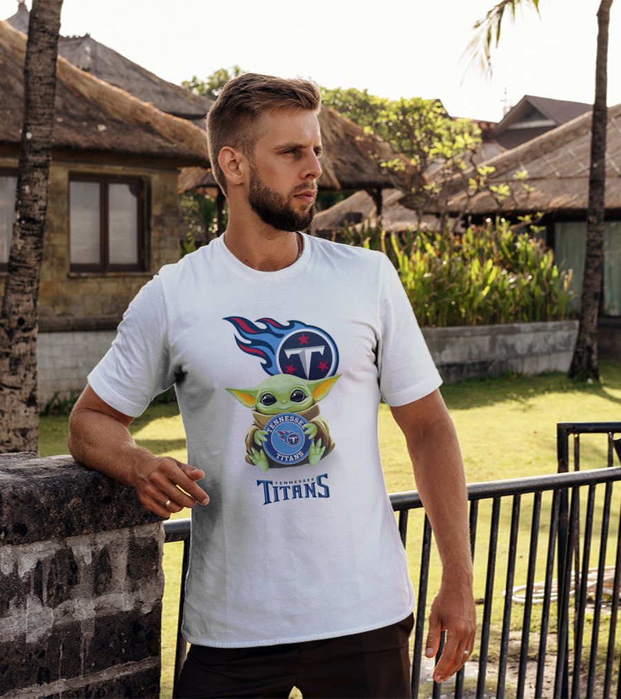 Grogu Holding Tennessee Titans Logo Star Wars Crossover White T-Shirt