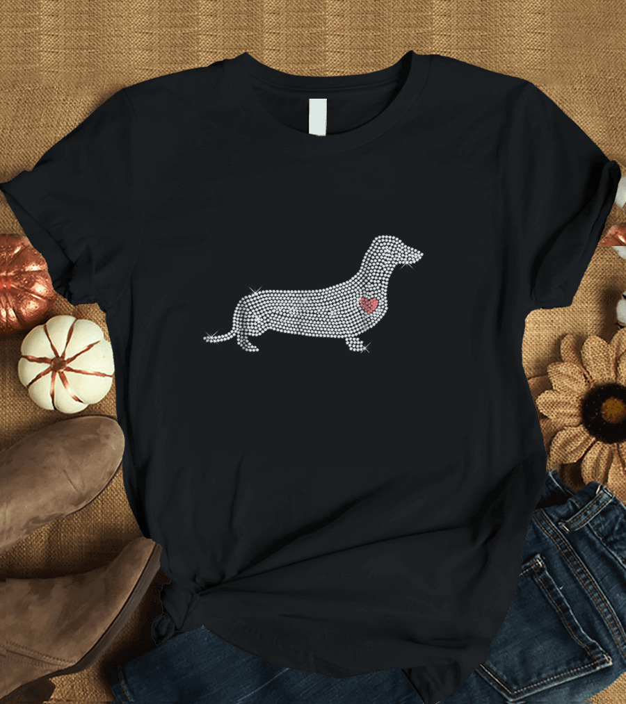 Dachshund Rhinestone Bling with Heart Accent T-Shirt