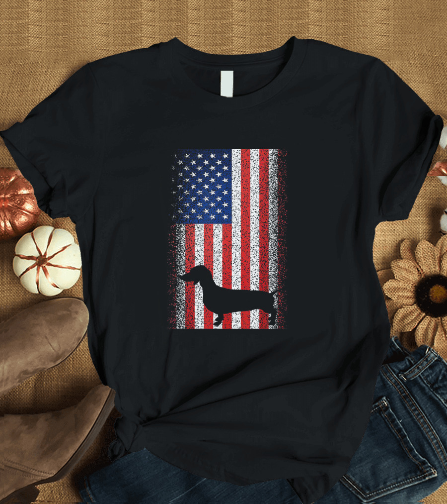 Vintage Dachshund Silhouette Over American Flag Patriotic 4th Of July T-Shirt