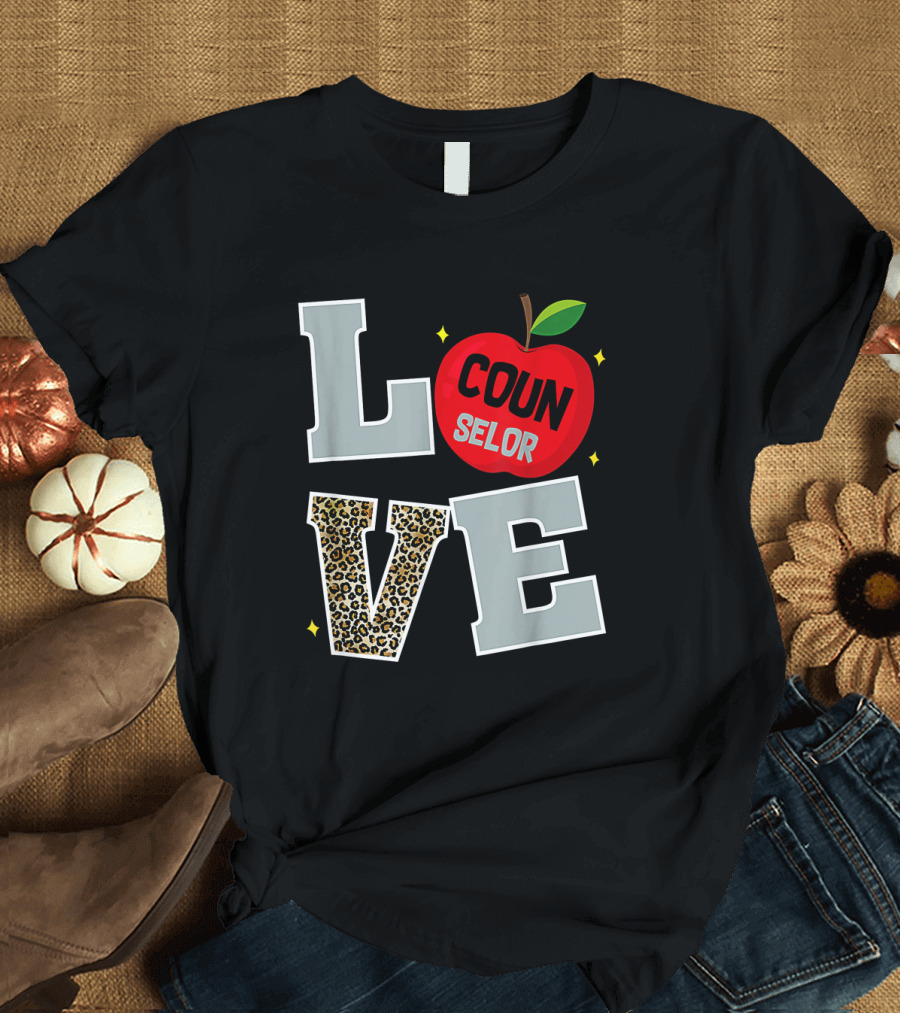LOVE Counselor Apple Back to School Leopard Print Teacher T-Shirt