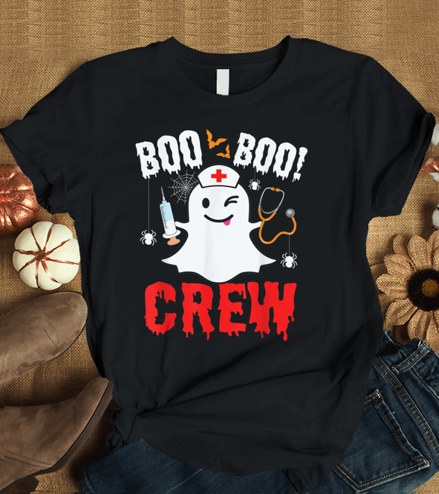 Boo Boo Crew Nurse Ghost Halloween Spiders Bats Stethoscope T-Shirt