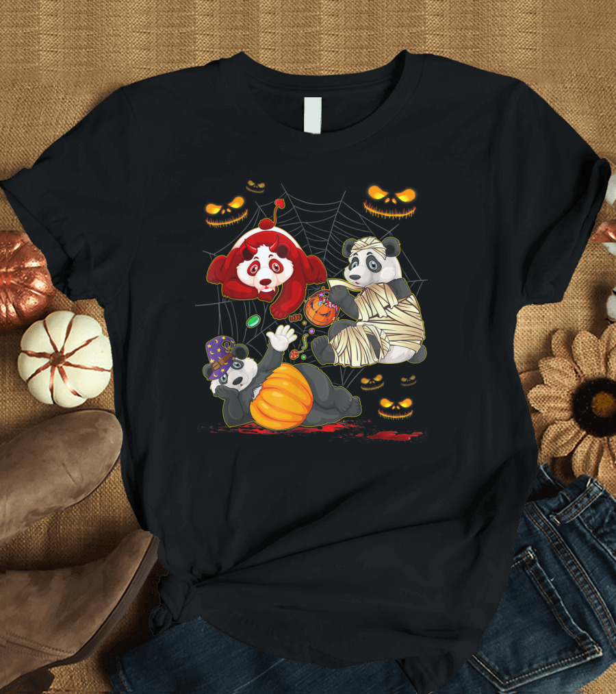Halloween Panda Trio Mummy Clown Pumpkin Costume with Spider Web and Jack-o'-Lanterns T-Shirt