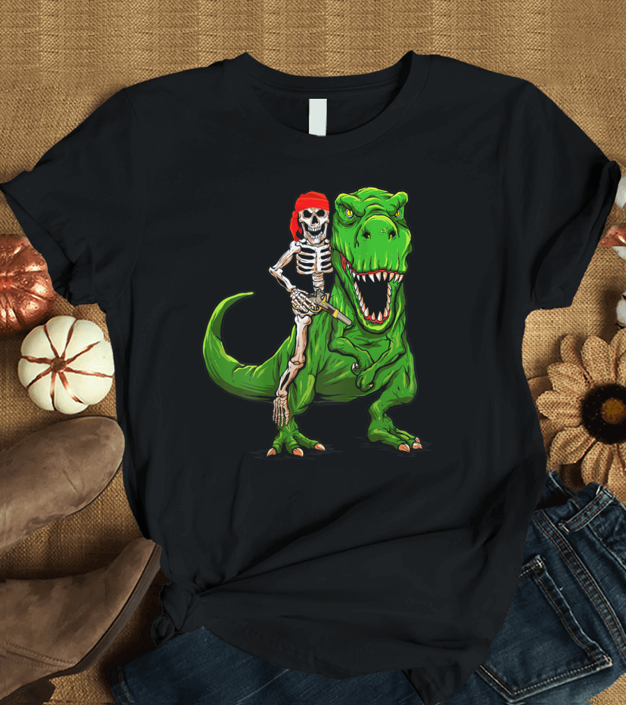 Pirate Skeleton Riding Rex Dinosaur with Red Bandana T-Shirt
