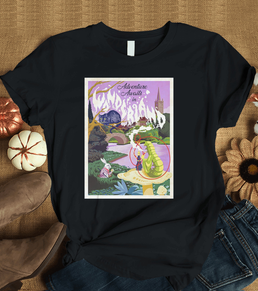 Adventure Awaits in Wonderland Cheshire Cat and Caterpillar Scene T-Shirt