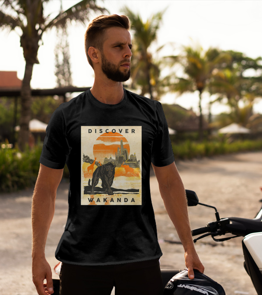 Discover Wakanda Panther And Futuristic Cityscape With Sunset T-Shirt
