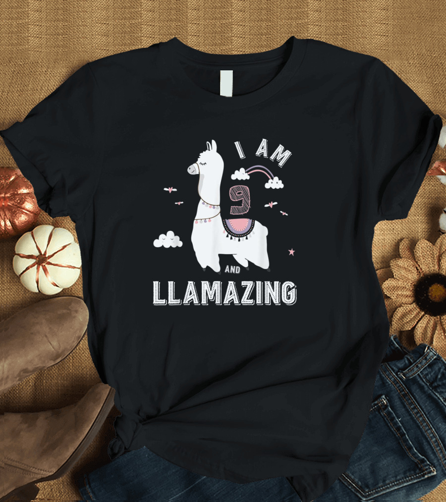 I Am 9 And Llamazing Funny Llama Cloud Birthday T-Shirt