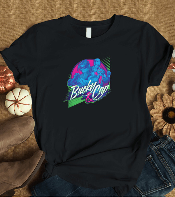 T-Shirt: Marvel Bucky Barnes and Cap Heroic Duo Retro Neon T-Shirt Marvel Bucky Barnes and Cap Heroic Duo Retro Neon T-Shirt