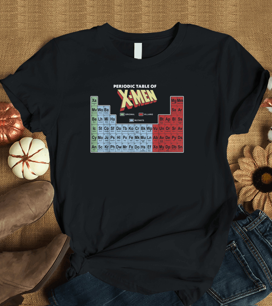 Periodic Table of X-Men Characters Featuring Original Villains and Mutants T-Shirt