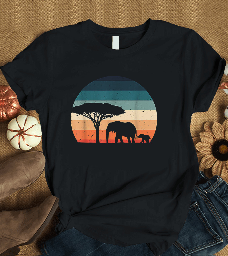 Elephant and Acacia Tree Silhouette Against Striped Vintage Sunset T-Shirt