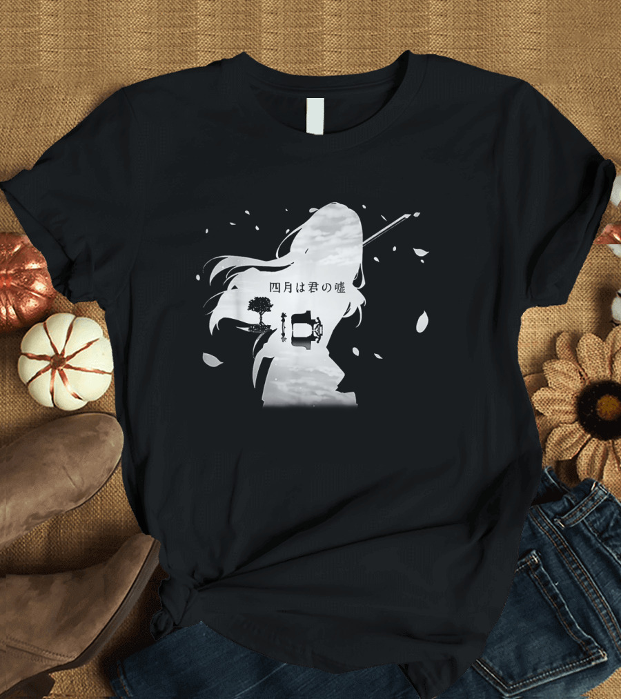 Your Lie In April Anime Piano and Violin Silhouette with Tree and Clouds T-Shirt