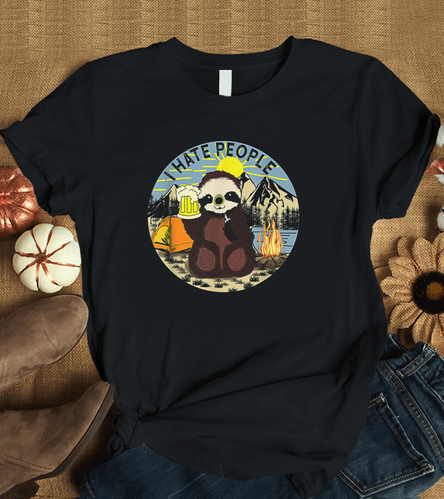 Sloth Holding Beer in Mountain Camping Scene With I Hate People Text T-Shirt