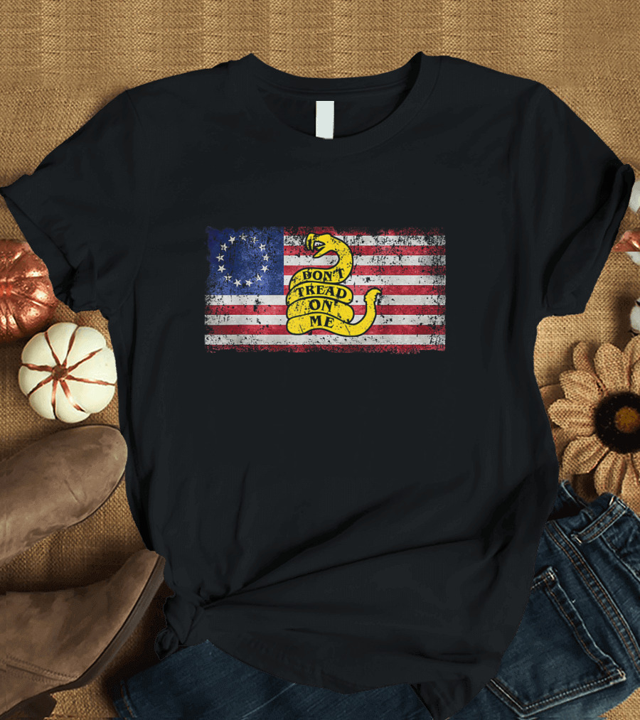 Betsy Ross Flag with Gadsden Snake and Patriotic Don't Tread On Me Banner T-Shirt