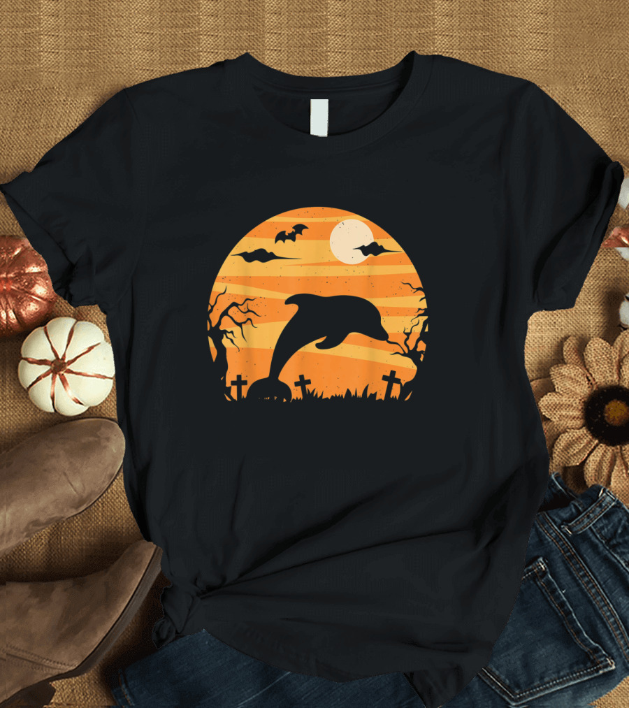 Dolphin Halloween Moon Graveyard Scene with Bats and Trees T-Shirt