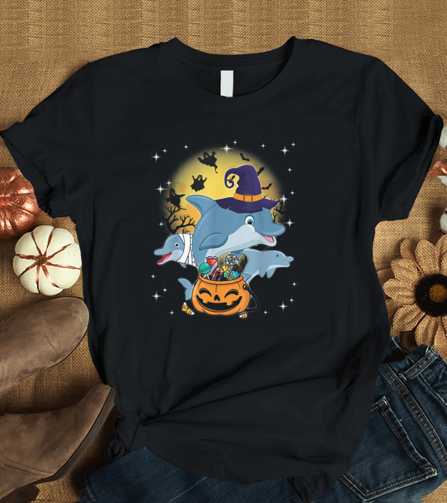 Dolphin Witch and Mummy with Pumpkin Candy Under Halloween Moon with Ghosts T-Shirt