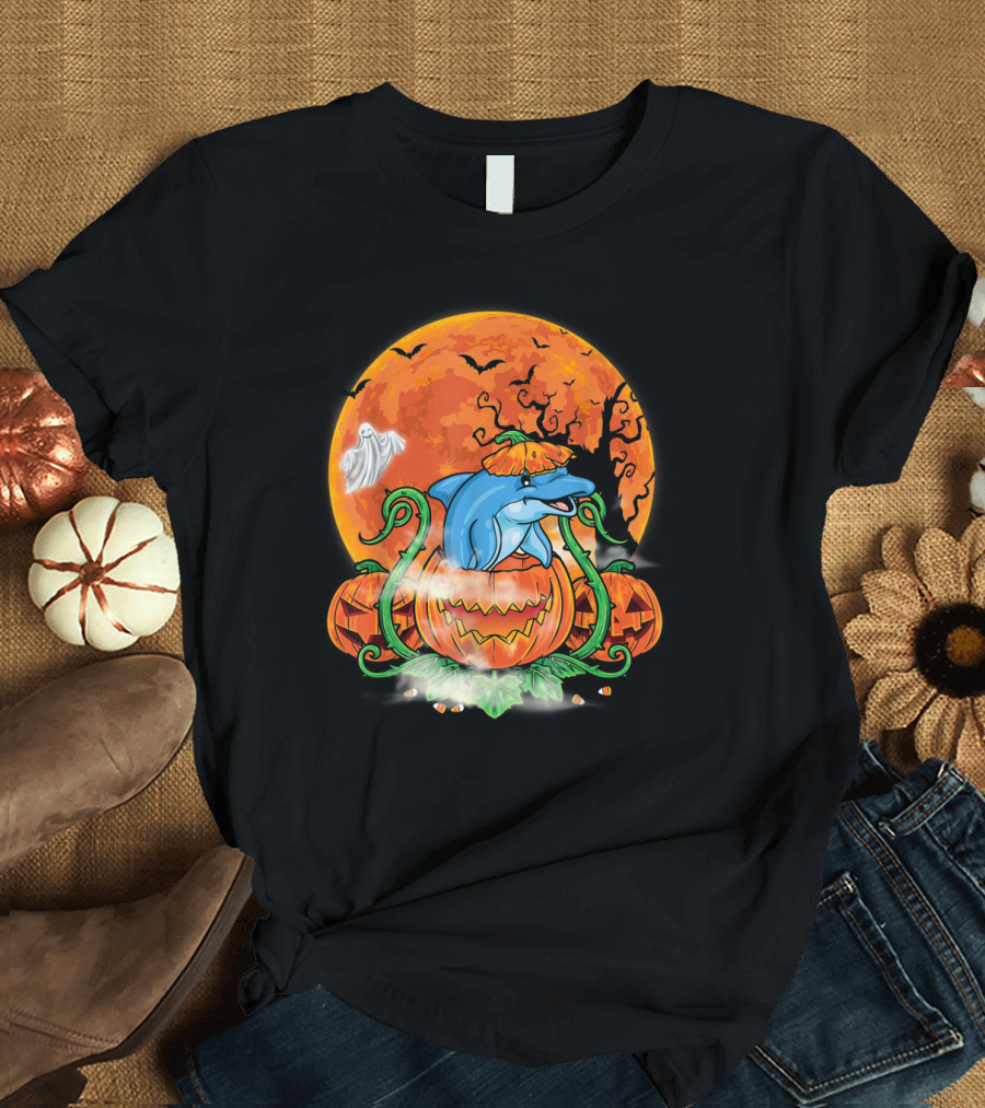 Dolphin Inside Pumpkin With Halloween Moon And Ghost T-Shirt