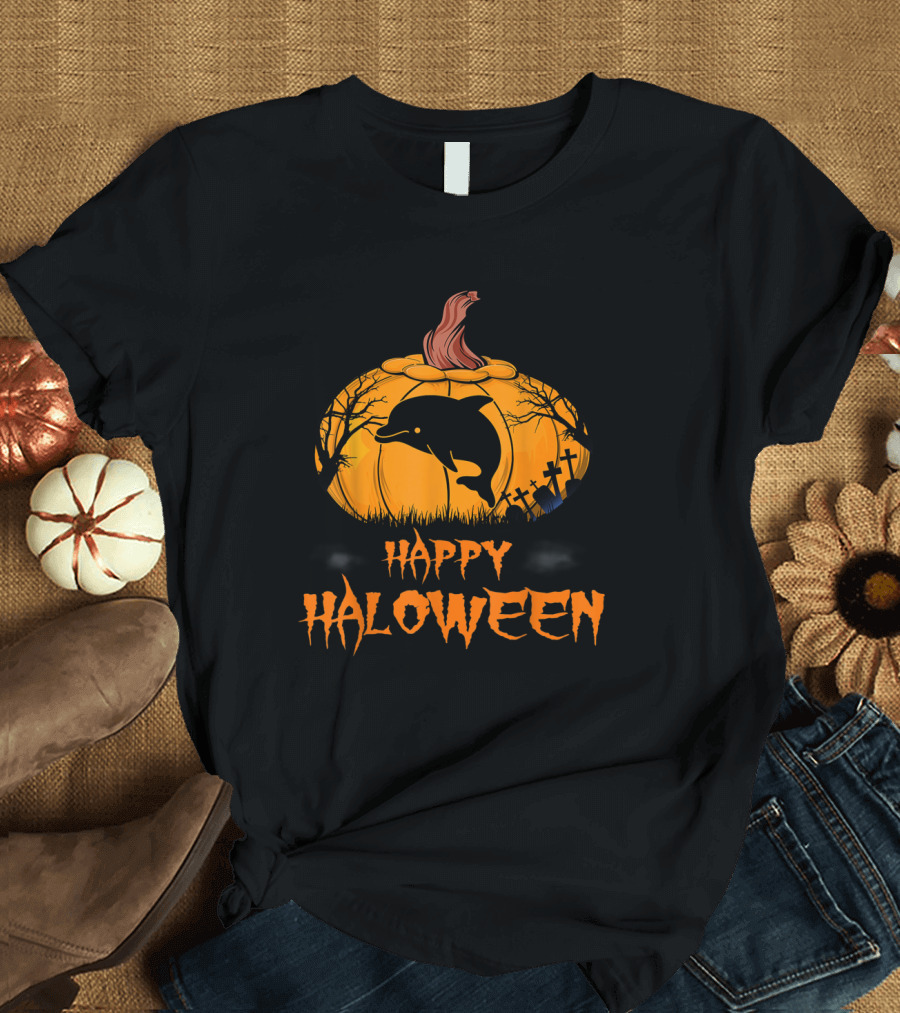 Happy Halloween Dolphin Silhouette in Pumpkin Graveyard Scene T-Shirt