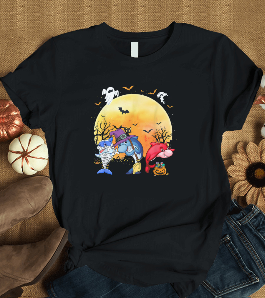 Halloween Dolphins: Mummy, Witch, and Devil with Ghosts and Bats T-Shirt