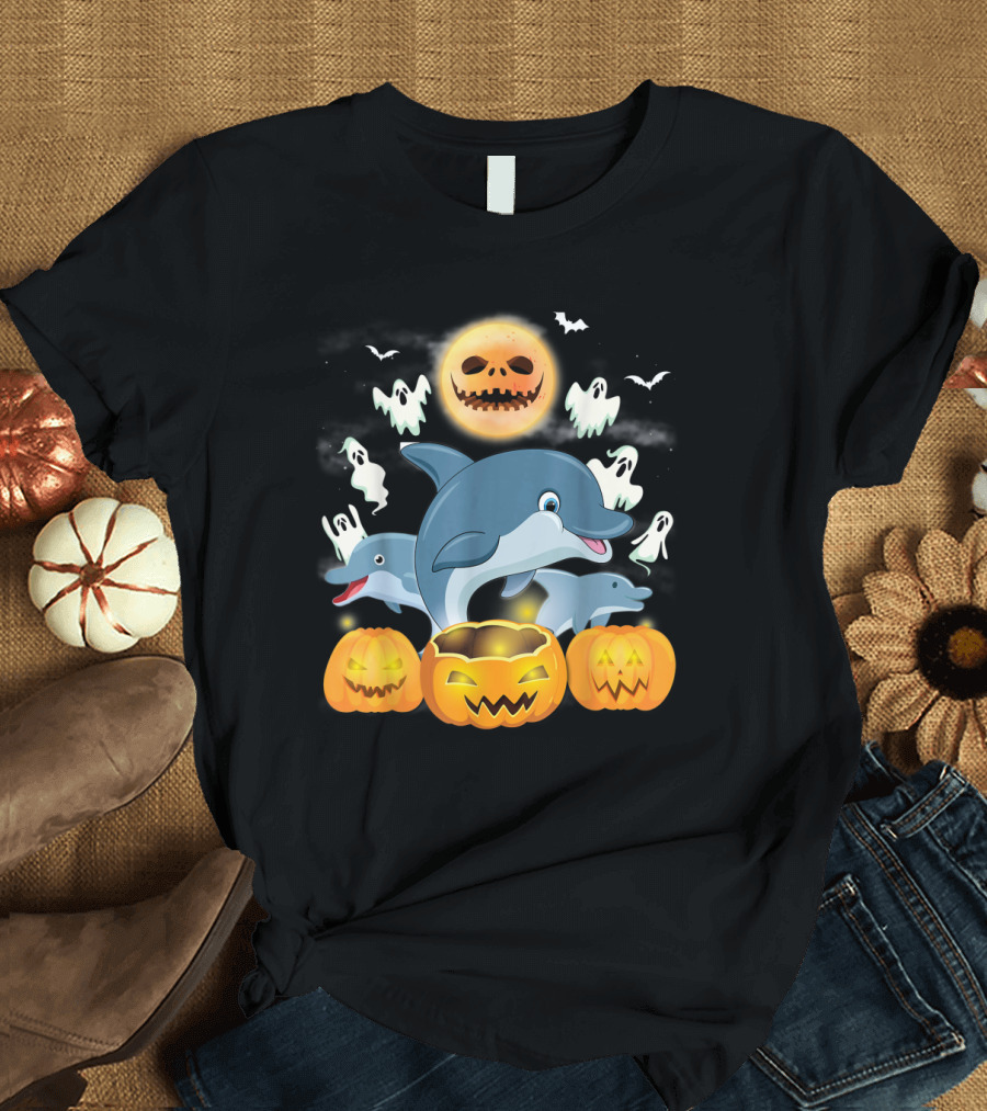 Team Dolphins Halloween Adventure Pumpkin Ghost Moon Bat Fun T-Shirt
