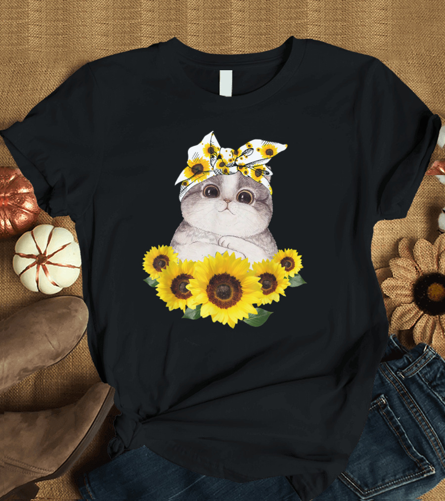 Sunflower Cat Headband Adorable Cats Lovers T-Shirt