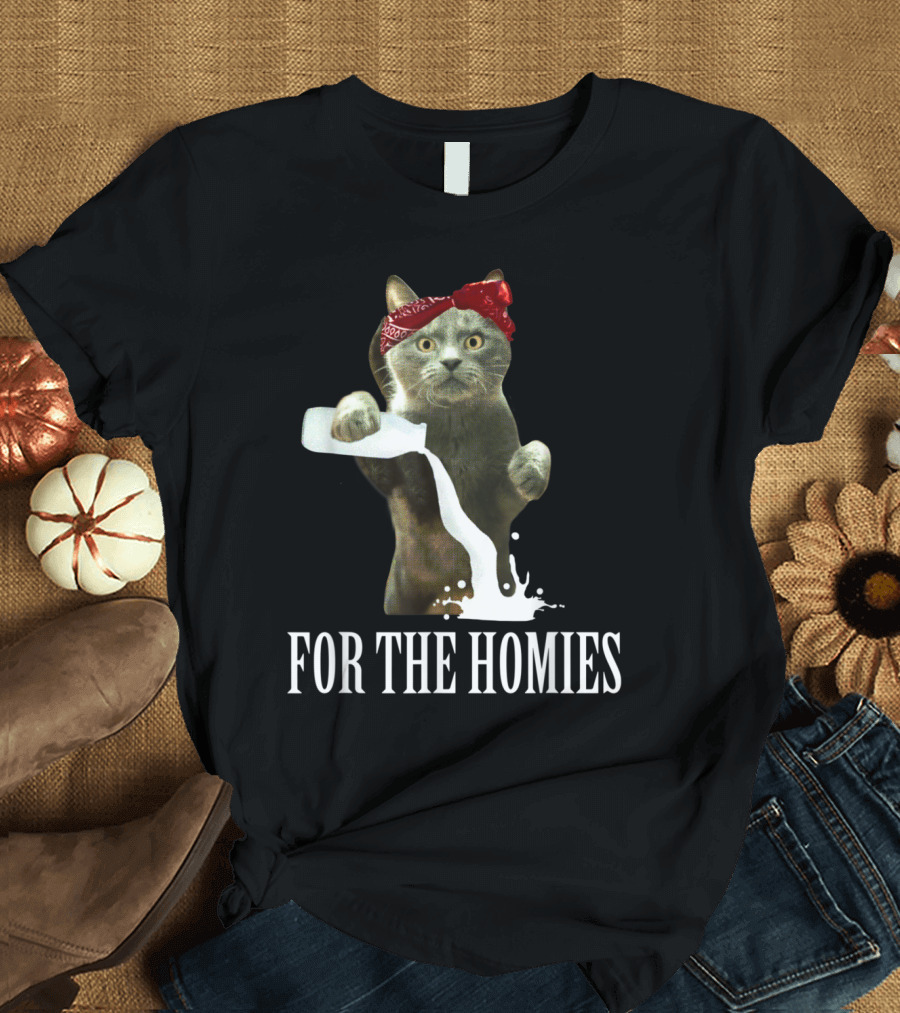 For The Homies Cat Funny Cat Pouring Milk with Bandana T-Shirt