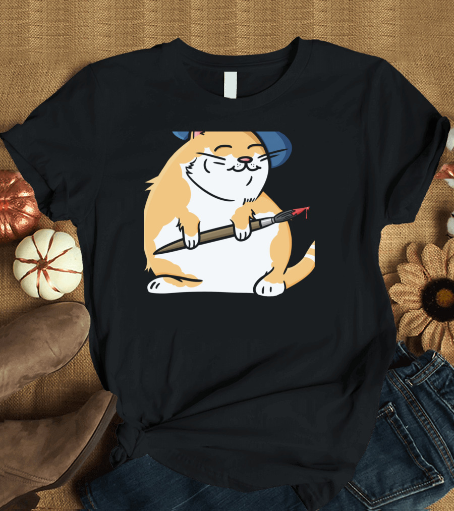 Funny Cat French Artist as Feline Claude Monet Parody with Paintbrush and Beret T-Shirt