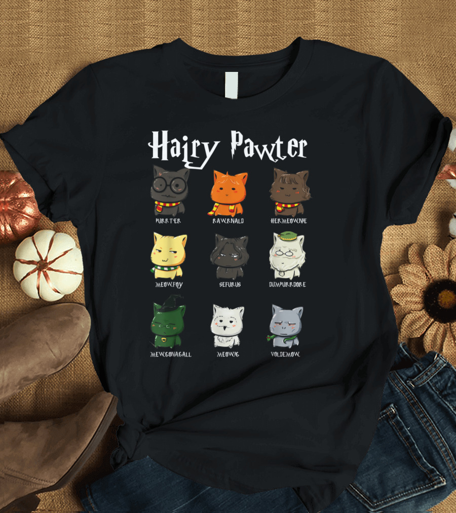 Hairy Pawter Purrter Rawrnald Hermeowne Meowfoy Seferus Dumblepurr Meowgonagall Meowg VoldeMew T-Shirt