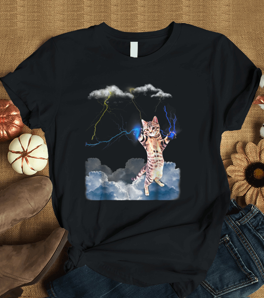 Lightning Cat with Stormy Clouds and Electric Bolts T-Shirt