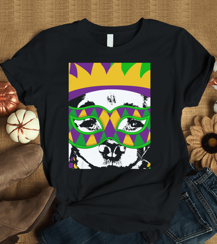 Mardi Gras Golden Retriever Dog Mask and Crown Colorful T-Shirt
