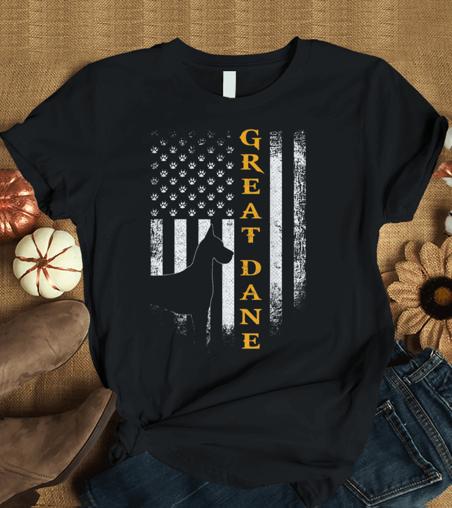 Great Dane American Flag Paw Print Vintage USA Dog T-Shirt
