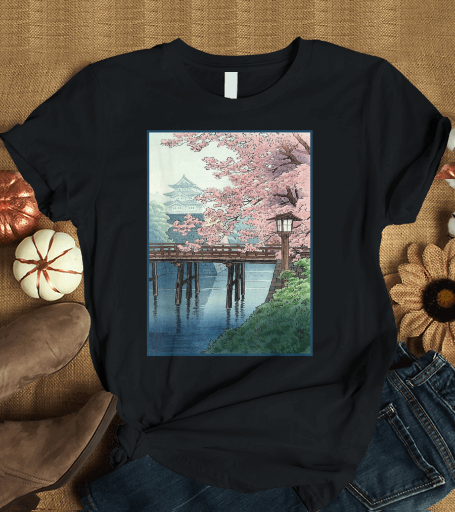 Japanese Cherry Blossom Woodblock Bridge and Pagoda Scene T-Shirt