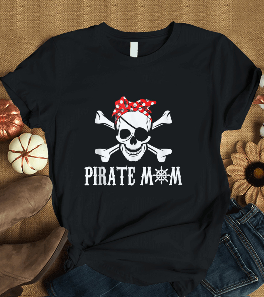 Pirate Mom Skull and Crossbones with Red Bandana and Wheel T-Shirt