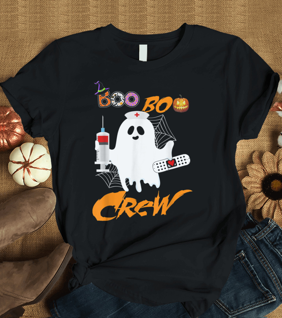 Boo Boo Crew Nurse Ghost Funny Halloween Costume with Syringe and Spider Webs T-Shirt
