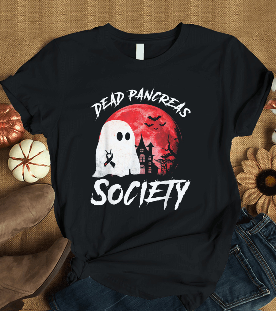 Dead Pancreas Society Halloween Ghost with Diabetes Awareness Ghostly Castle and Blood Moon T-Shirt