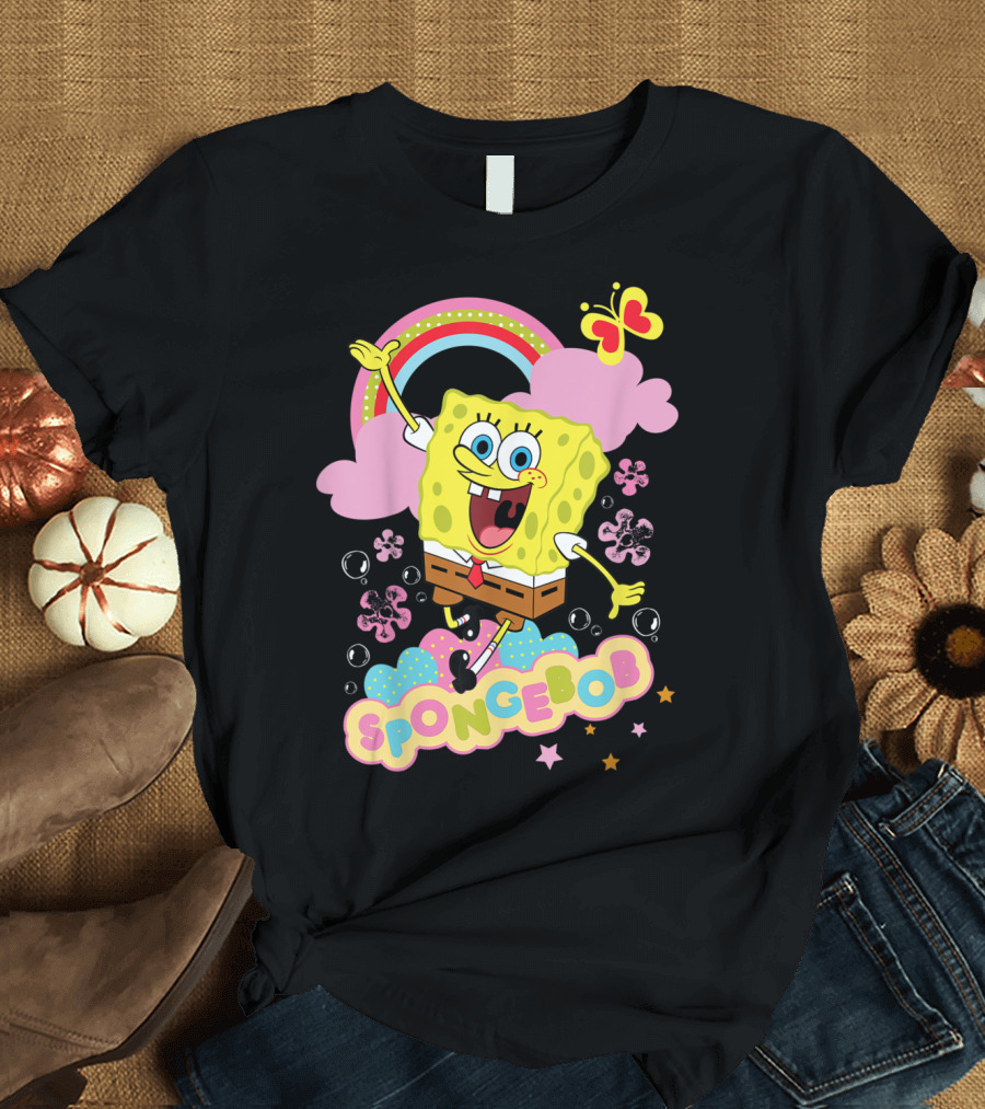 SpongeBob SquarePants Rainbow Clouds Bubbles Butterfly Flowers Stars T-Shirt
