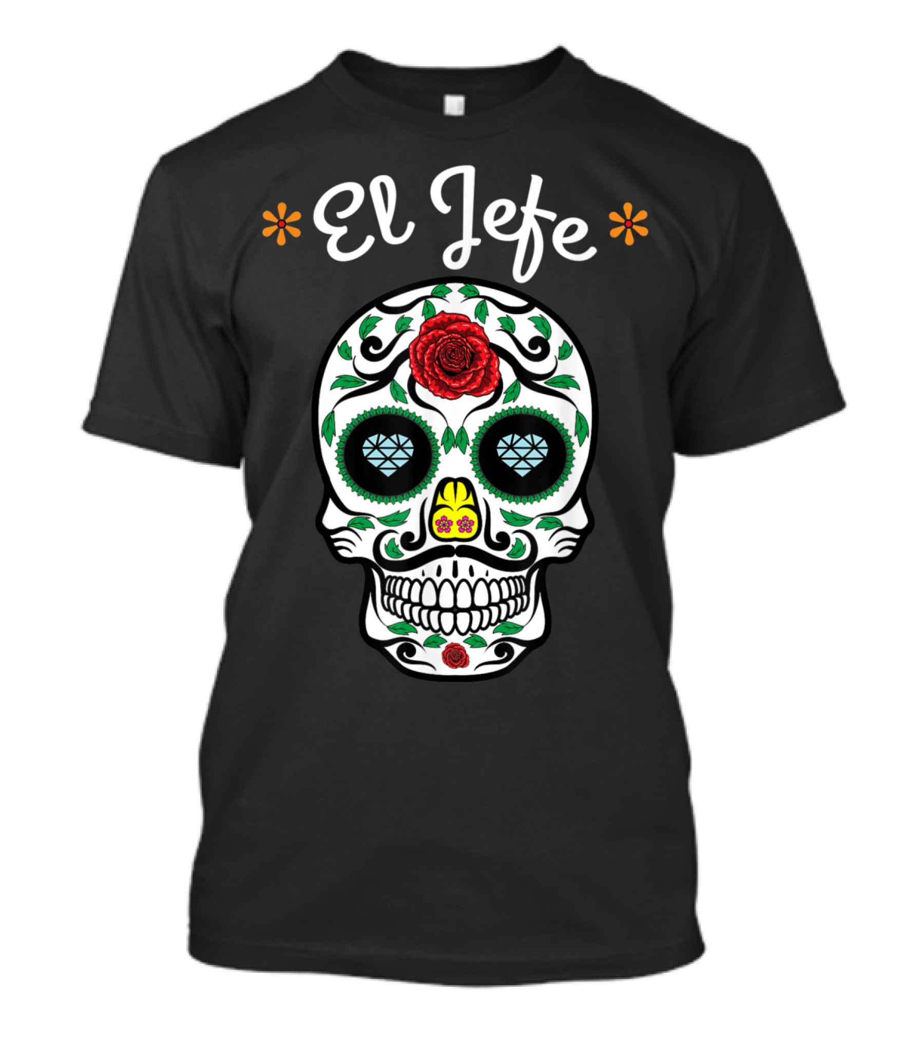 El Jefe Dia De Los Muertos Sugar Skull Art Featuring Floral And Rose Accents T-Shirt