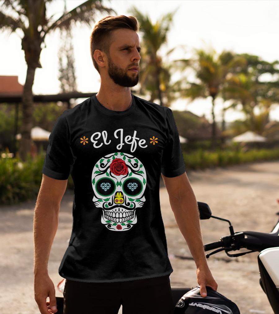 El Jefe Dia De Los Muertos Sugar Skull Art Featuring Floral And Rose Accents T-Shirt