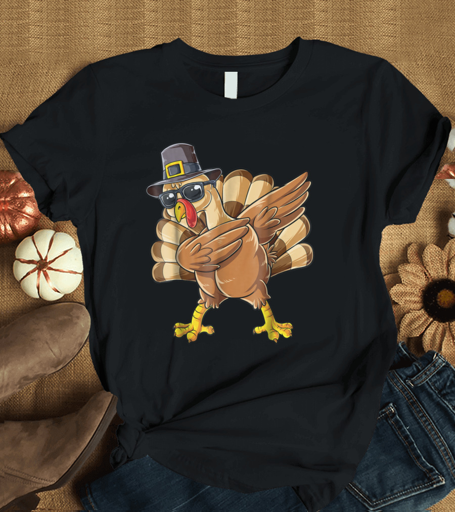 Thanksgiving Dabbing Turkey Pilgrim Hat Sunglasses Boys Day T-Shirt