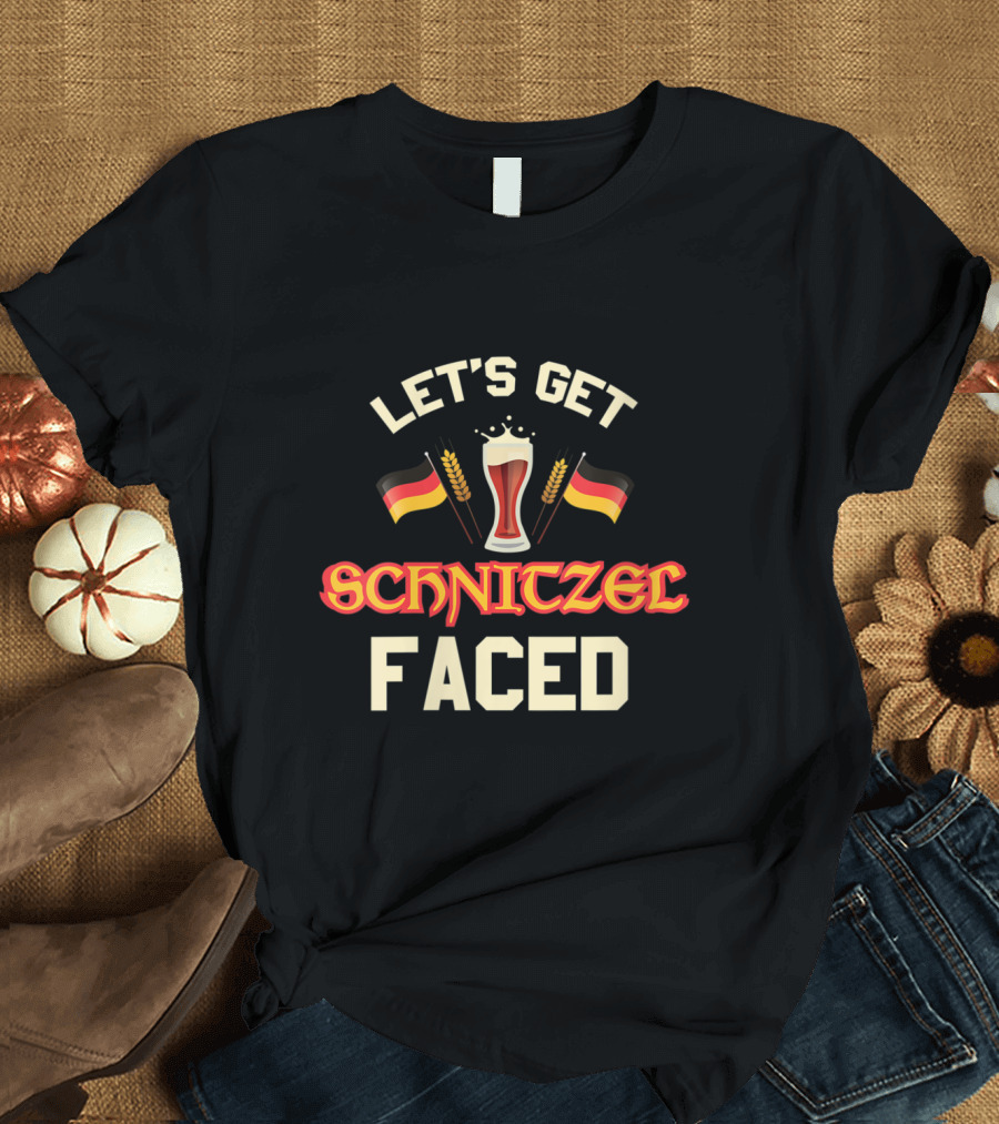 Let's Get Schnitzel Faced German Beer Oktoberfest With Flags and Beer Glass T-Shirt