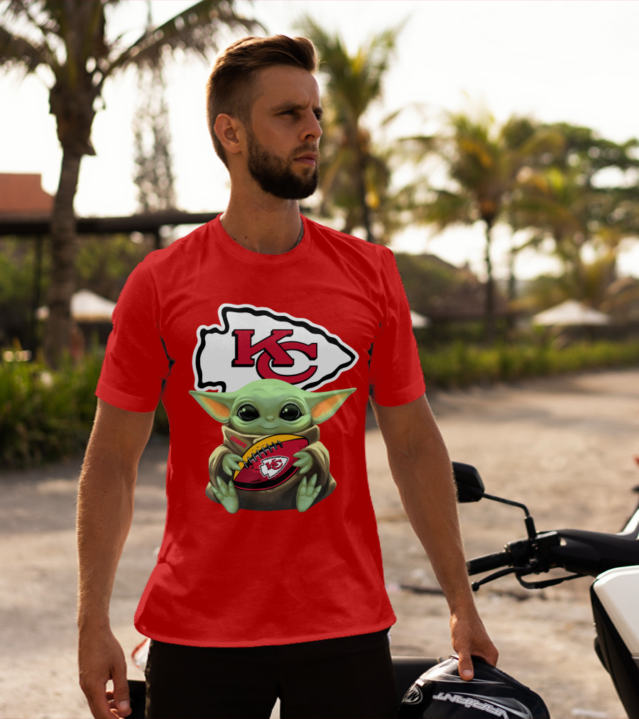 Baby Yoda Holds Kansas City Chiefs Football T-Shirt