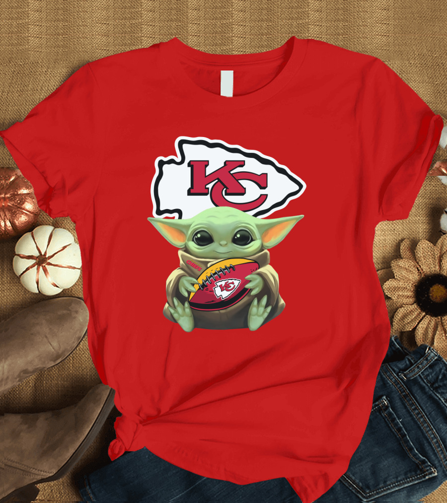 Baby Yoda Holds Kansas City Chiefs Football T-Shirt