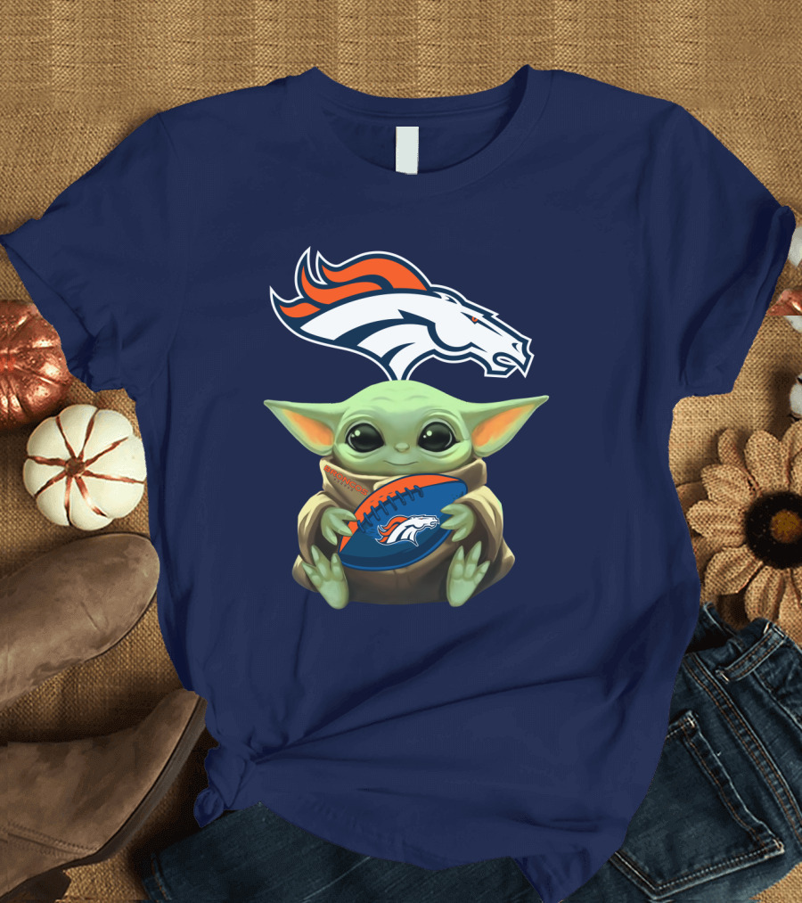 Baby Yoda Holding Denver Broncos Football with Team T-Shirt