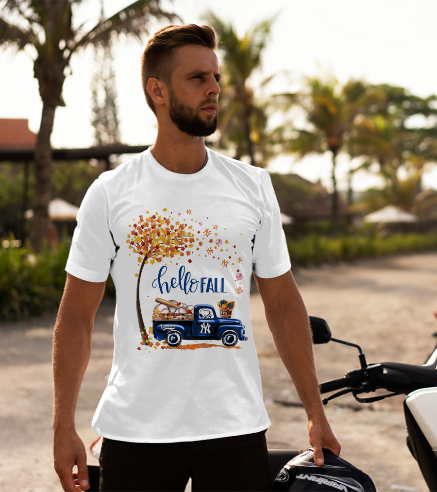 Hello Fall New York Yankees Autumn Truck Baseball Scene T-Shirt