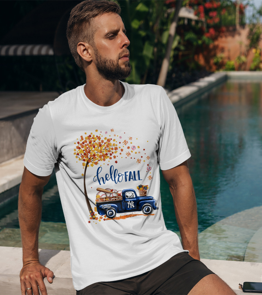 Hello Fall New York Yankees Autumn Truck Baseball Scene T-Shirt
