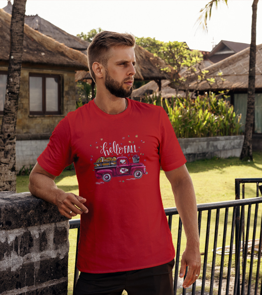 Hello Fall Kansas City Chiefs Truck With Autumn Leaves T-Shirt