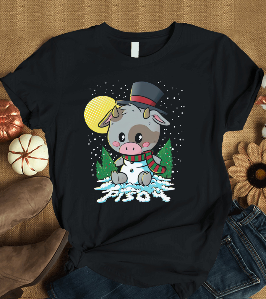 Piso4 Cute Cow in Snow with Top Hat and Scarf Winter Scene T-Shirt