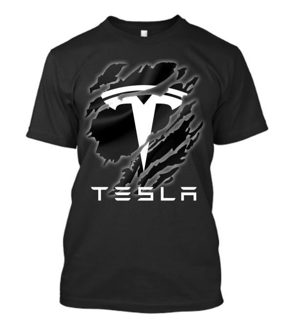Tesla Logo With Ripped Design Effect In Black And White T-Shirt