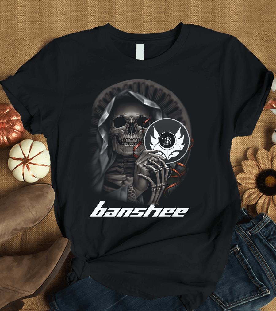 Banshee Skeleton Holding Emblem With Hooded Cloak And Stylized T-Shirt