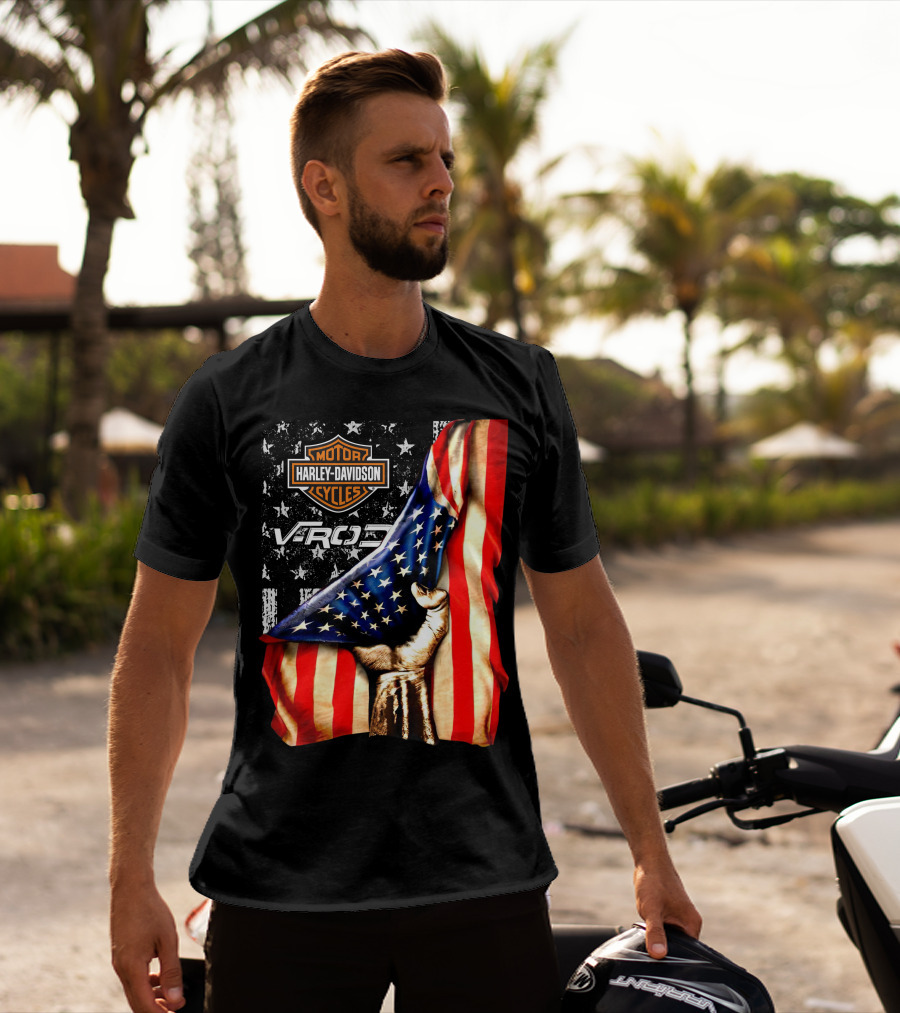 Harley Davidson Motor Cycles Vrod 12 American Flag Fist T-Shirt