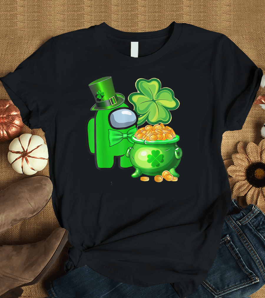 Among Us Green Character With Shamrock Hat and Pot of Gold St Patrick's Day T-Shirt